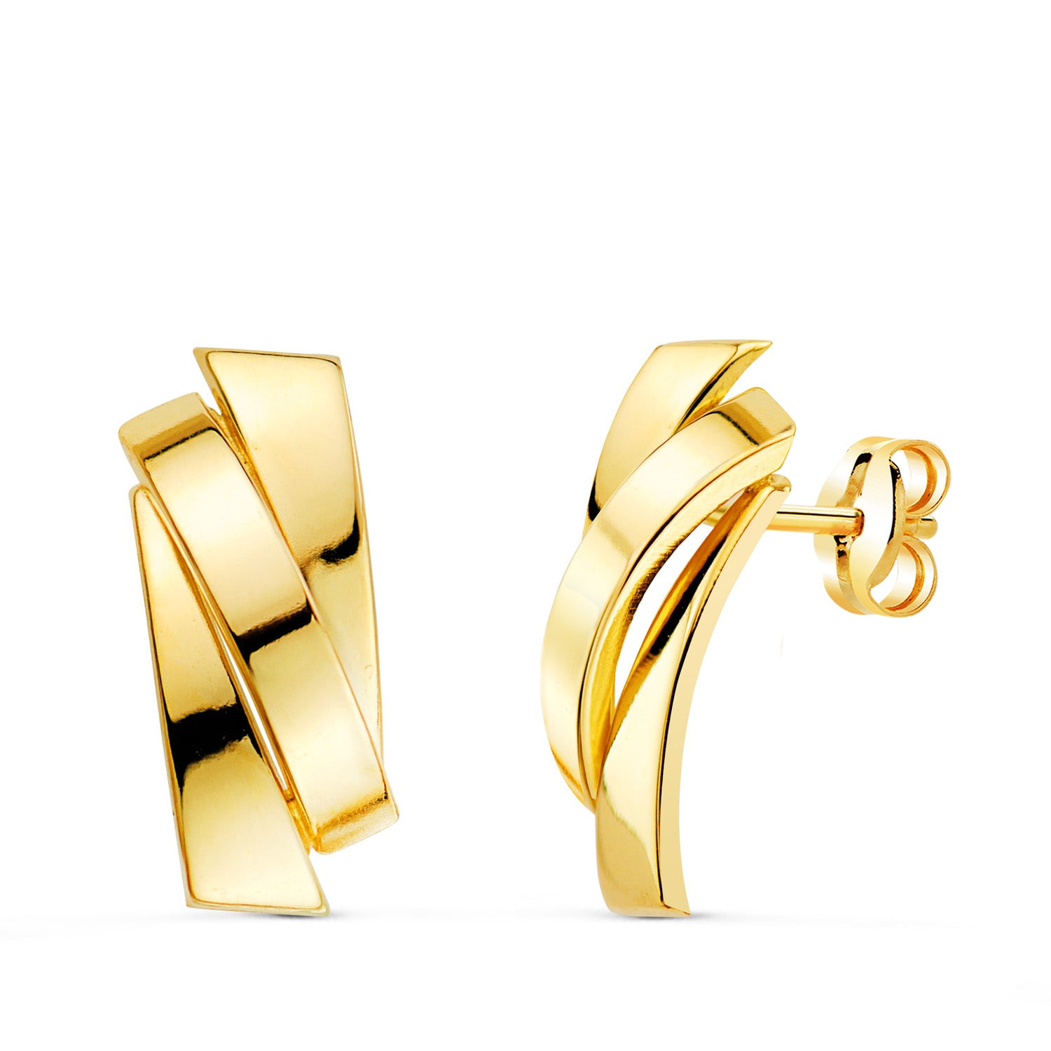 18K gul guld øreringe Tre glatte bånd 17 X 7 mm Butterfly Push lås