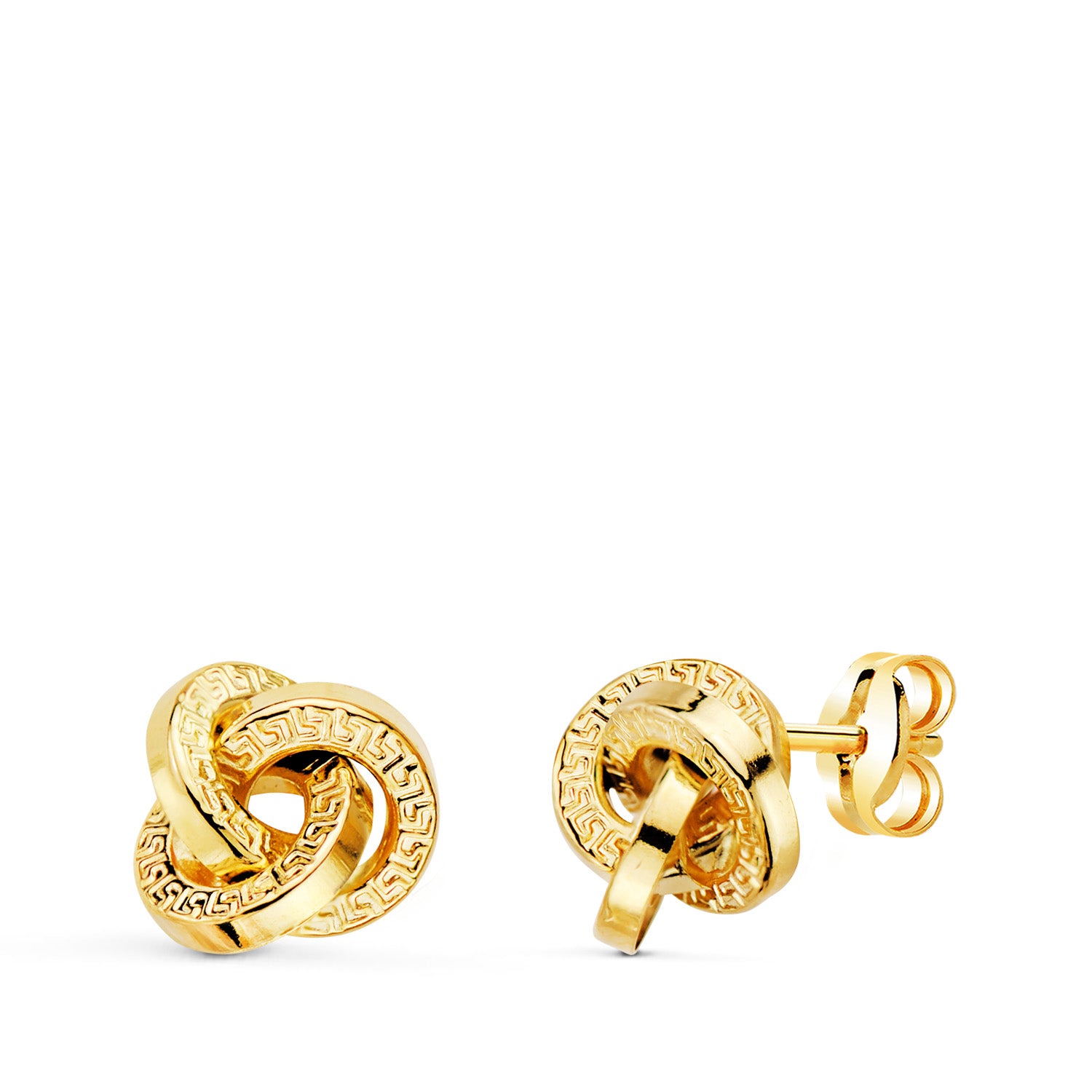 Boucles d'oreilles Or Jaune 18K Trois Créoles avec Greca 8 X 8 mm Fermoir Poussettes Papillon