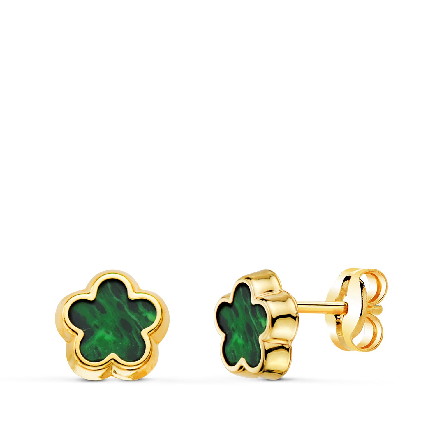 Boucles d'oreilles Fleur en Or Jaune 18K avec Malachite 7X7 mm Fermoir Poussettes Papillon