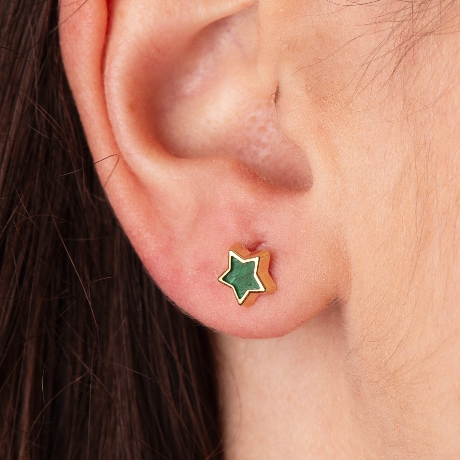 18K sárga arany csillag fülbevaló malachit 7x7 mm-es pillangó csattal