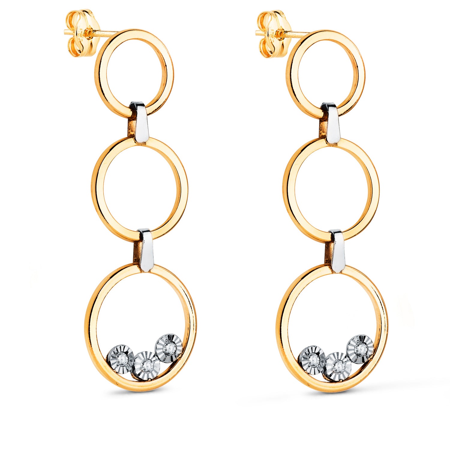 Long Three Hoop Earrings in 18K Two-tone Gold with Zircon Measures: 34 x 11 mm Butterfly Clasp