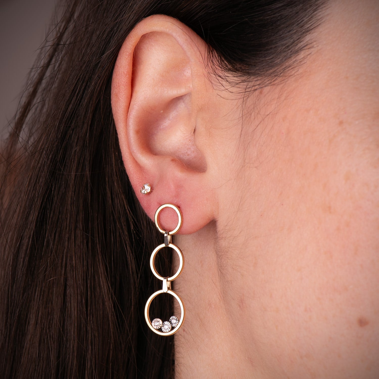 Long Three Hoop Earrings in 18K Two-tone Gold with Zircon Measures: 34 x 11 mm Butterfly Clasp
