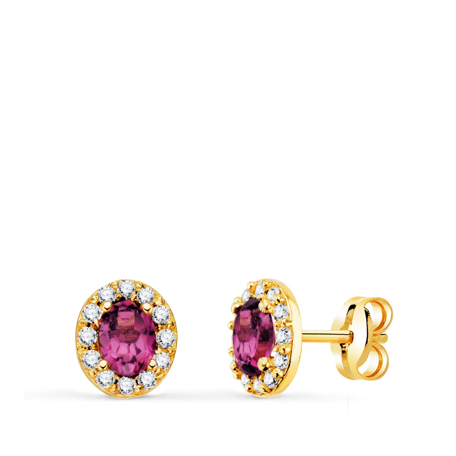 Boucles d'oreilles Or Jaune 18K Pierre Ovale Amethyste et Zircon 6,5 X 5,5 mm Fermoir Poussettes Papillon