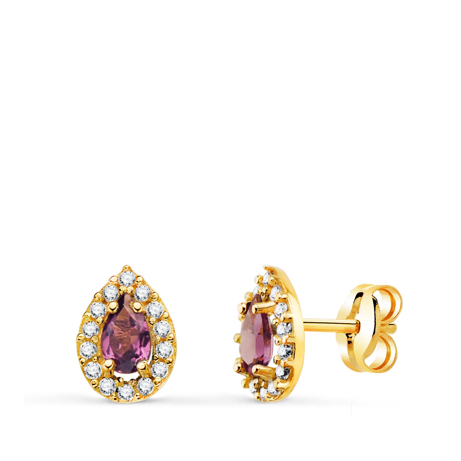 Boucles d'oreilles Or Jaune 18K avec Pierre Goutte Amethyste et Zircon 8,5 X 6 mm Fermoir Poussettes Papillon