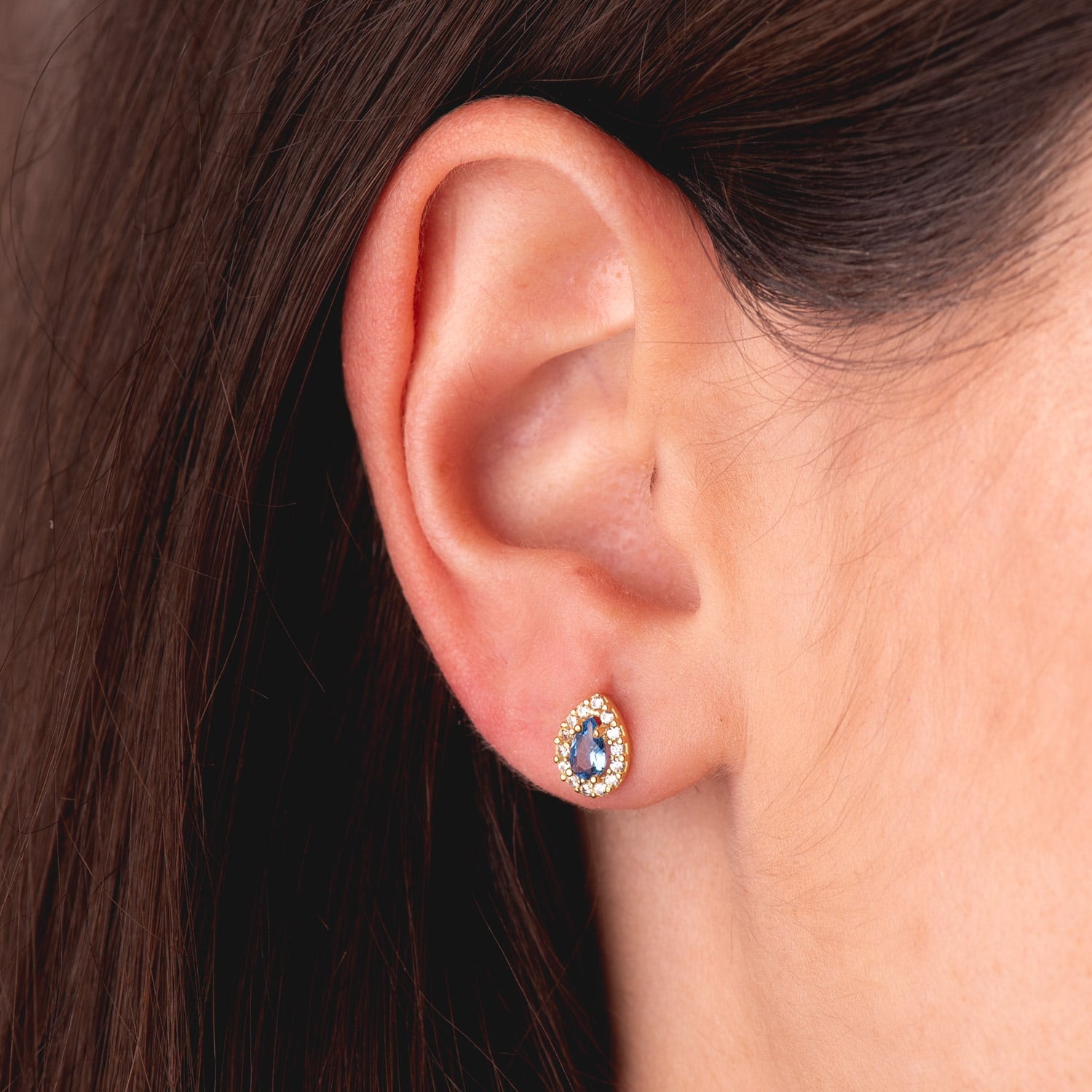 Boucles d'oreilles Or Jaune 18K avec Pierre Goutte Bleue et Zircon 8,5 X 6 mm Fermoir Poussettes Papillon