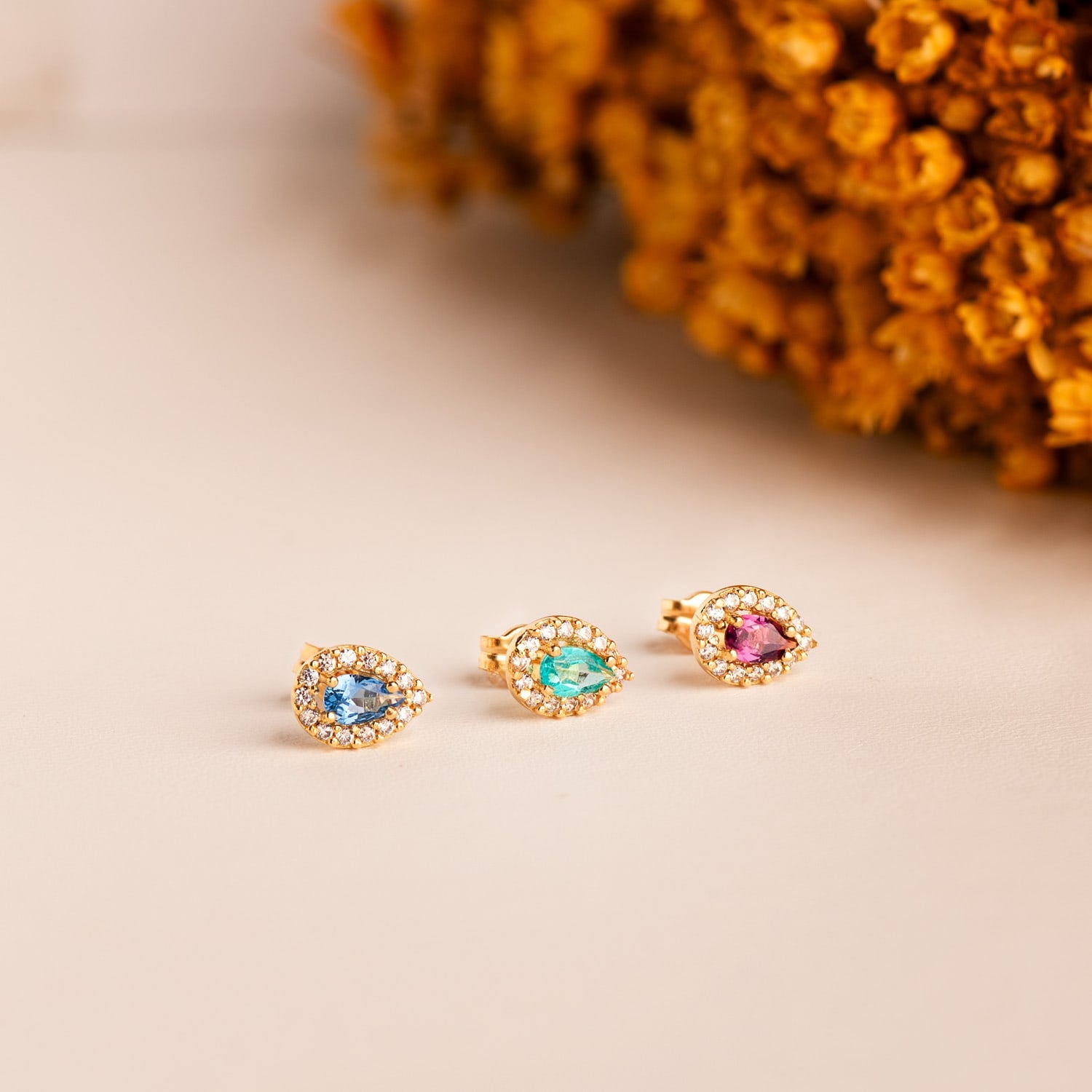 Boucles d'oreilles Or Jaune 18K avec Topaze Paraiba et Pierre Goutte Zircone 8,5 X 6 mm Fermoir Poussettes Papillon