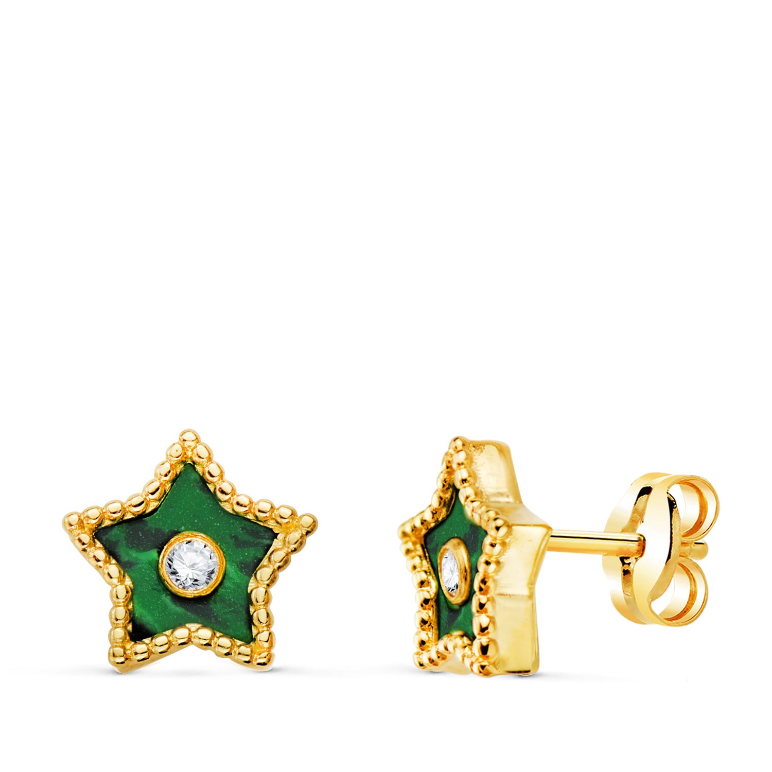 Boucles d'oreilles Or Jaune 18K avec Boules Étoile et Malachite avec Zircone 9X9 mm Fermoir a Poussettes Papillon