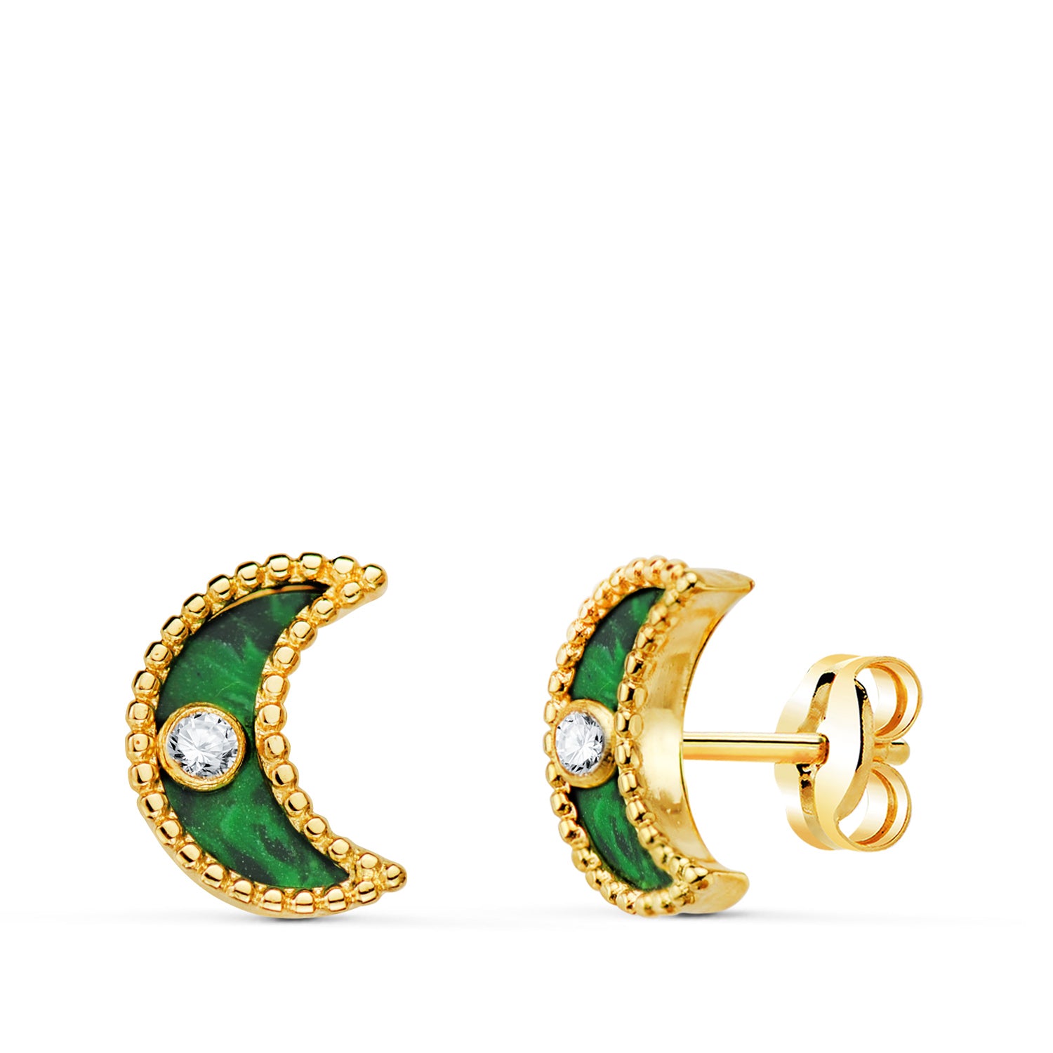 Boucles d'oreilles Lune en Or Jaune 18K avec Boules et Malachite avec Zircone 10X7 mm Fermoir Pussettes Papillon