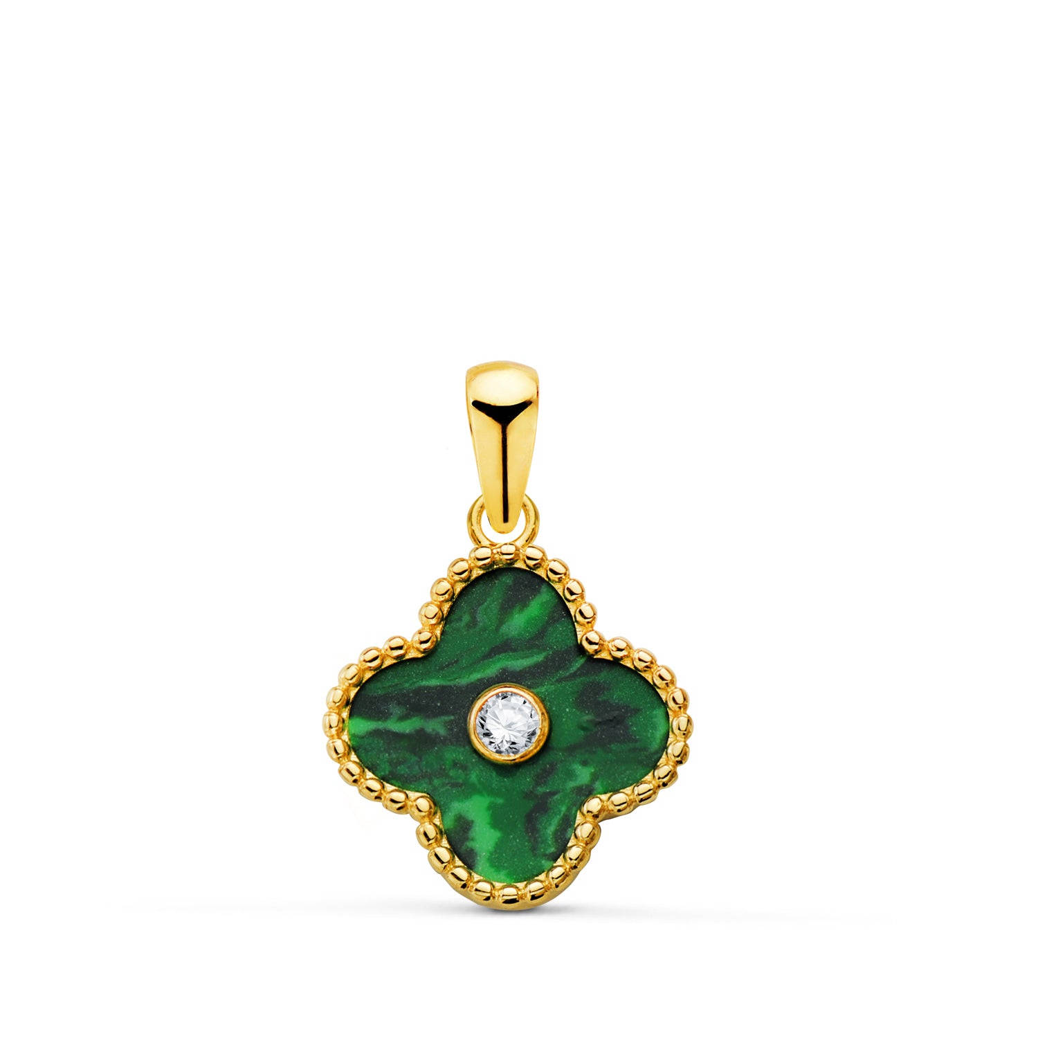 Pendentif Or Jaune 18K Boules de Clôture Trèfle et Malachite avec Zircone 12,5X12,5 mm