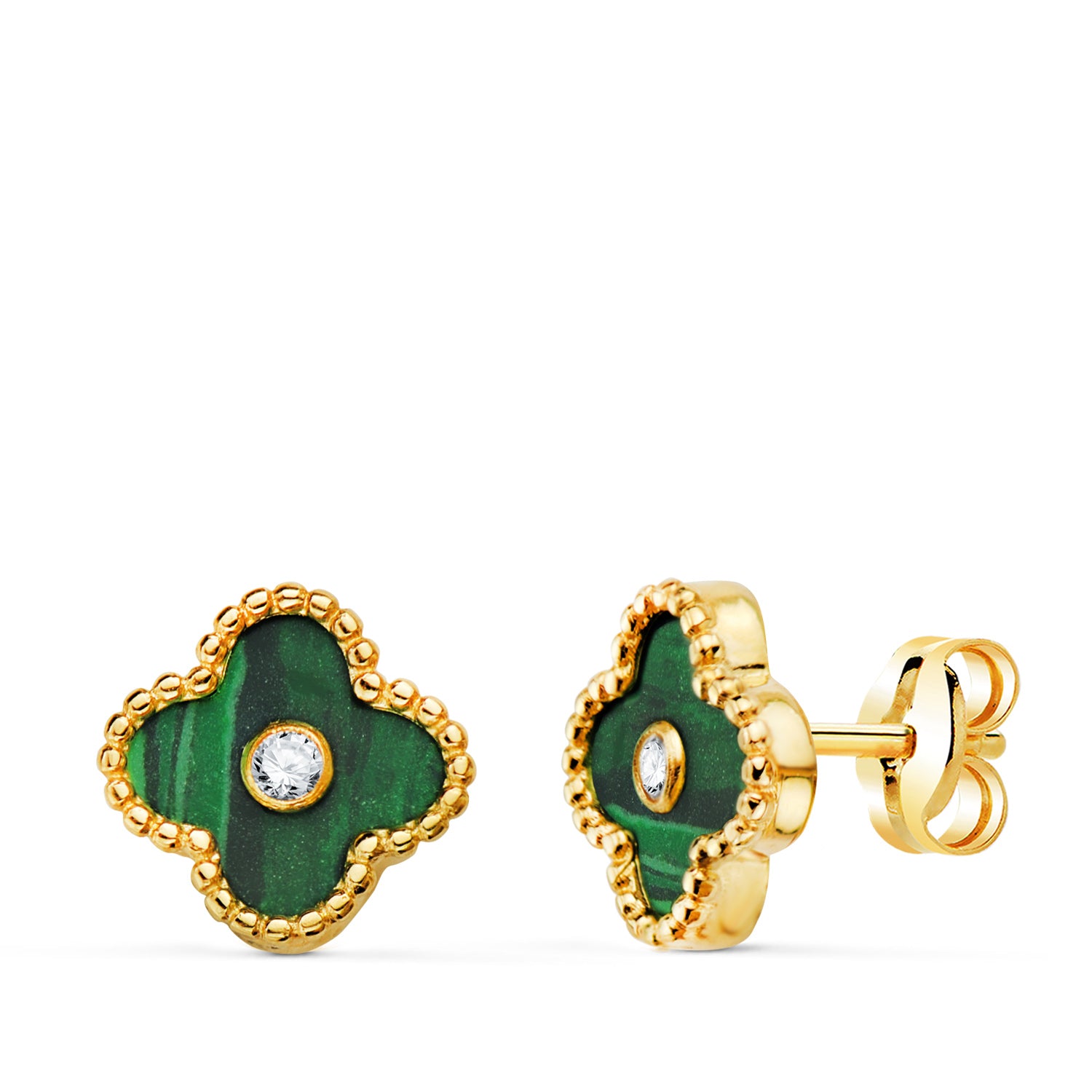 Boucles d'oreilles Or Jaune 18K Boules de Trèfle et Malachite avec Zircone 9X9 mm Fermoir Poussette Papillon