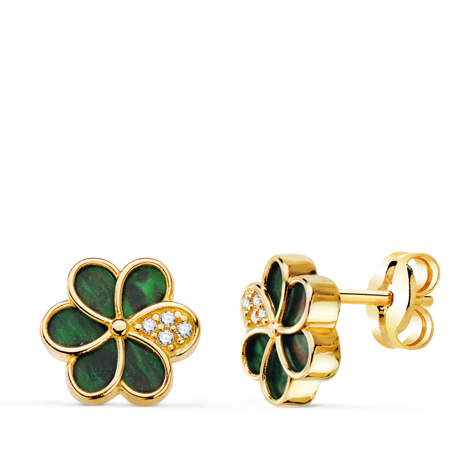 Boucles d'oreilles Fleur en Or Jaune 18K avec Pétales de Malachite et Zircon 8,5 X 8,5 mm Fermoir Poussette Papillon