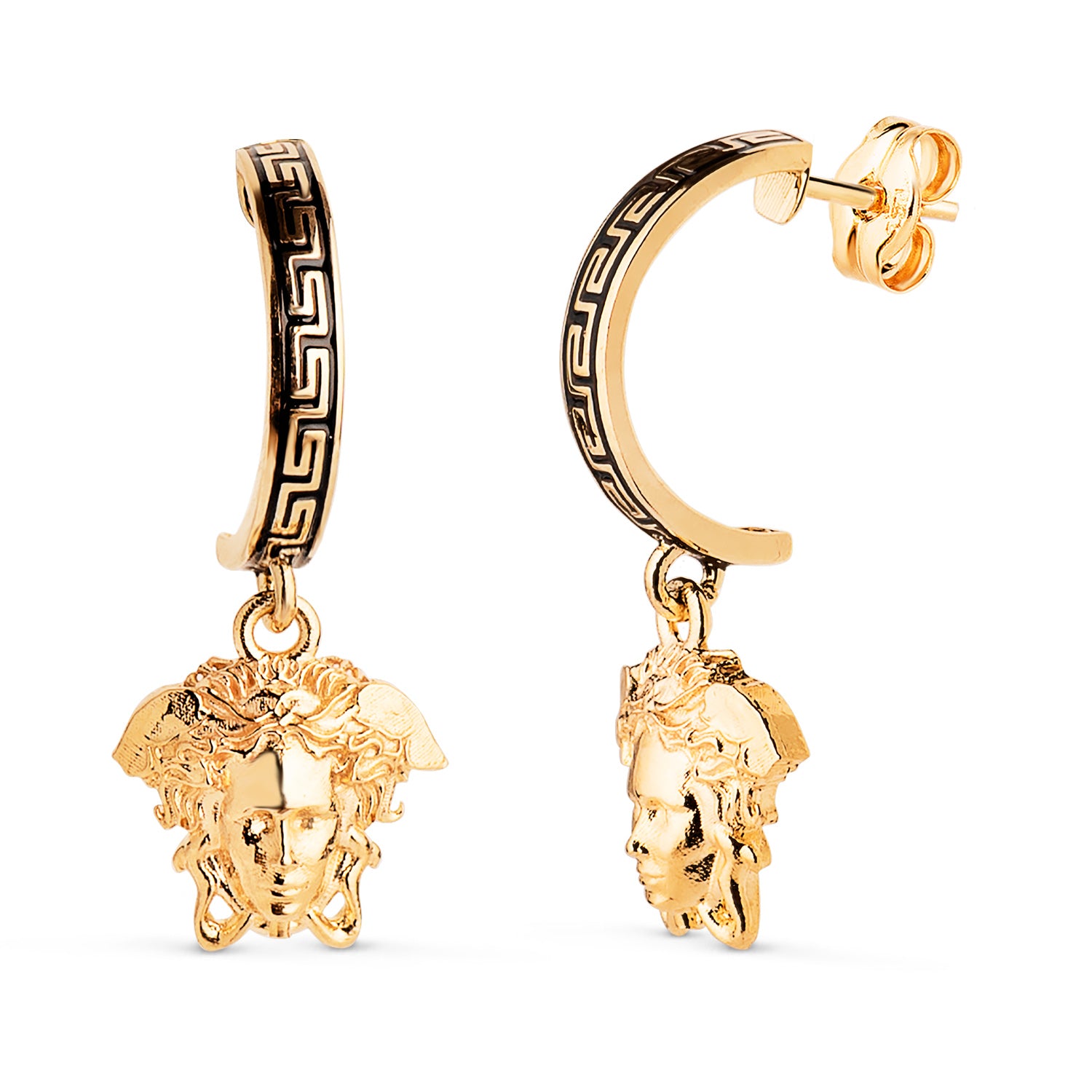 Boucles en Or Jaune 18K Demi Émail Greca 11 X 2 mm et Méduse 9MM Fermeture à Pression