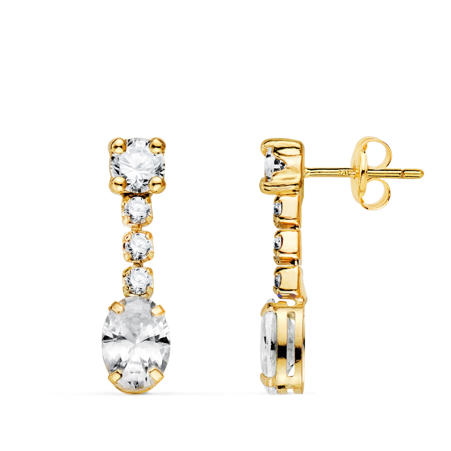 Boucles d'oreilles Or Jaune 18K Zirconia Blanc de Forme Ovale et Zirconia 20X5 mm Fermoir Poussettes Papillon