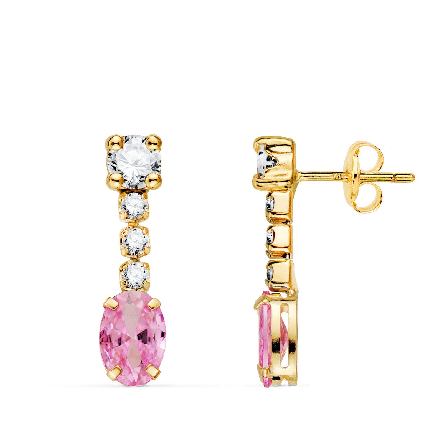 Boucles d'oreilles en Or Jaune 18K avec Zircon Rose de Forme Ovale et Zircon 20X5 mm Fermoir Poussettes Papillon