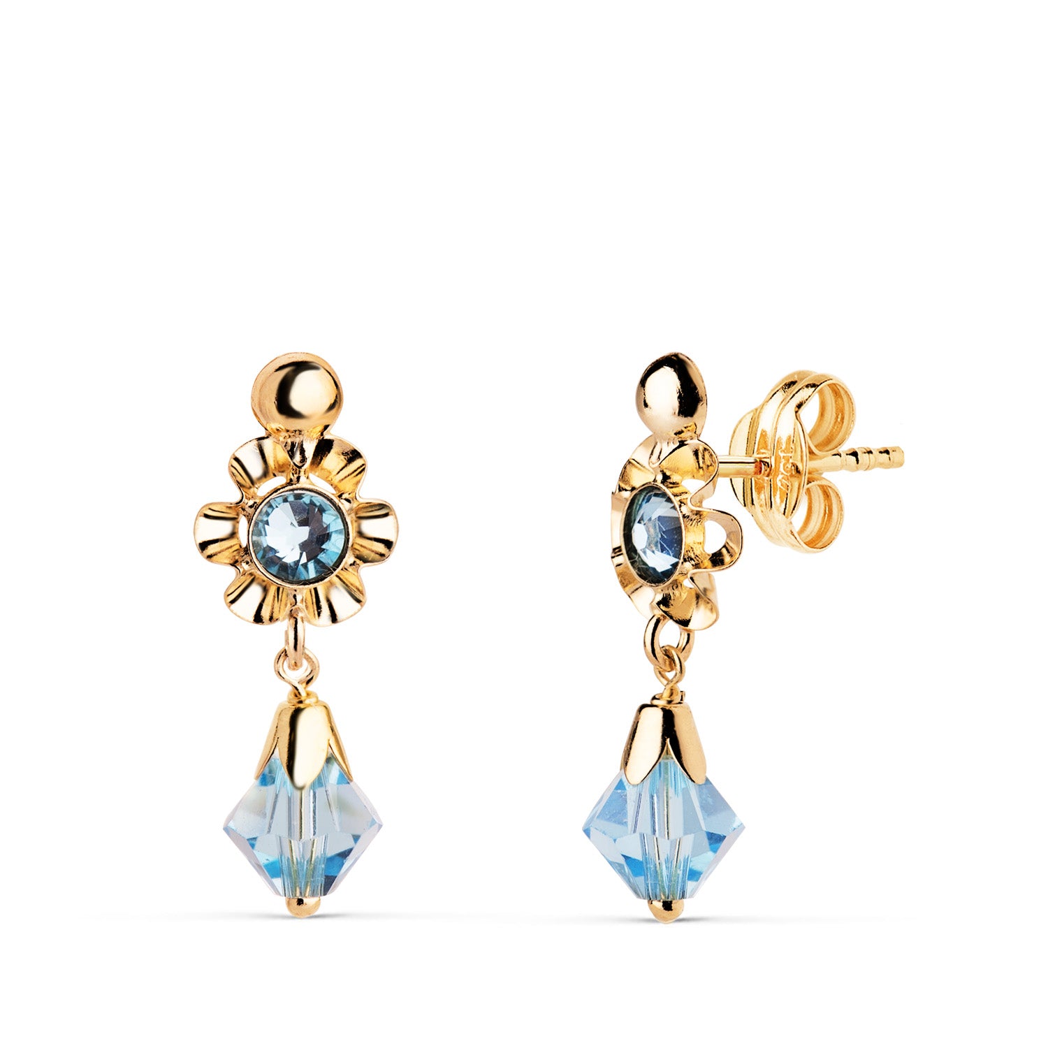 Boucles d'oreilles Cubaines en Or Jaune 18K avec Zircon Cubique Bleu Taille : 18 X 6,5 mm Fermoir Poussettes Papillon