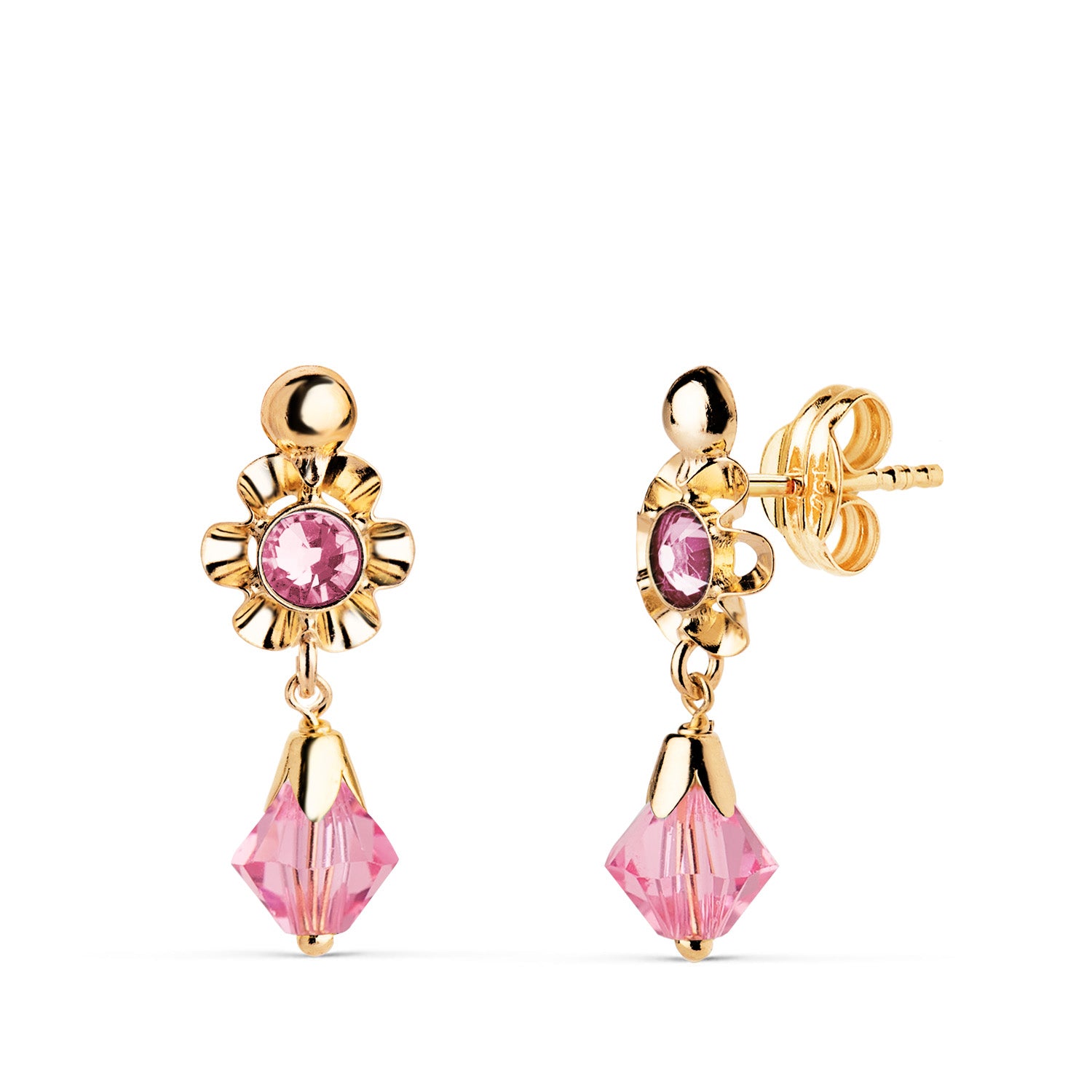 Boucles d'oreilles en Or Jaune 18 Carats de Style Cubain avec Circonballes Roses. Dimensions : 18 X 6,5 Mm. Fermeture à Pression.
