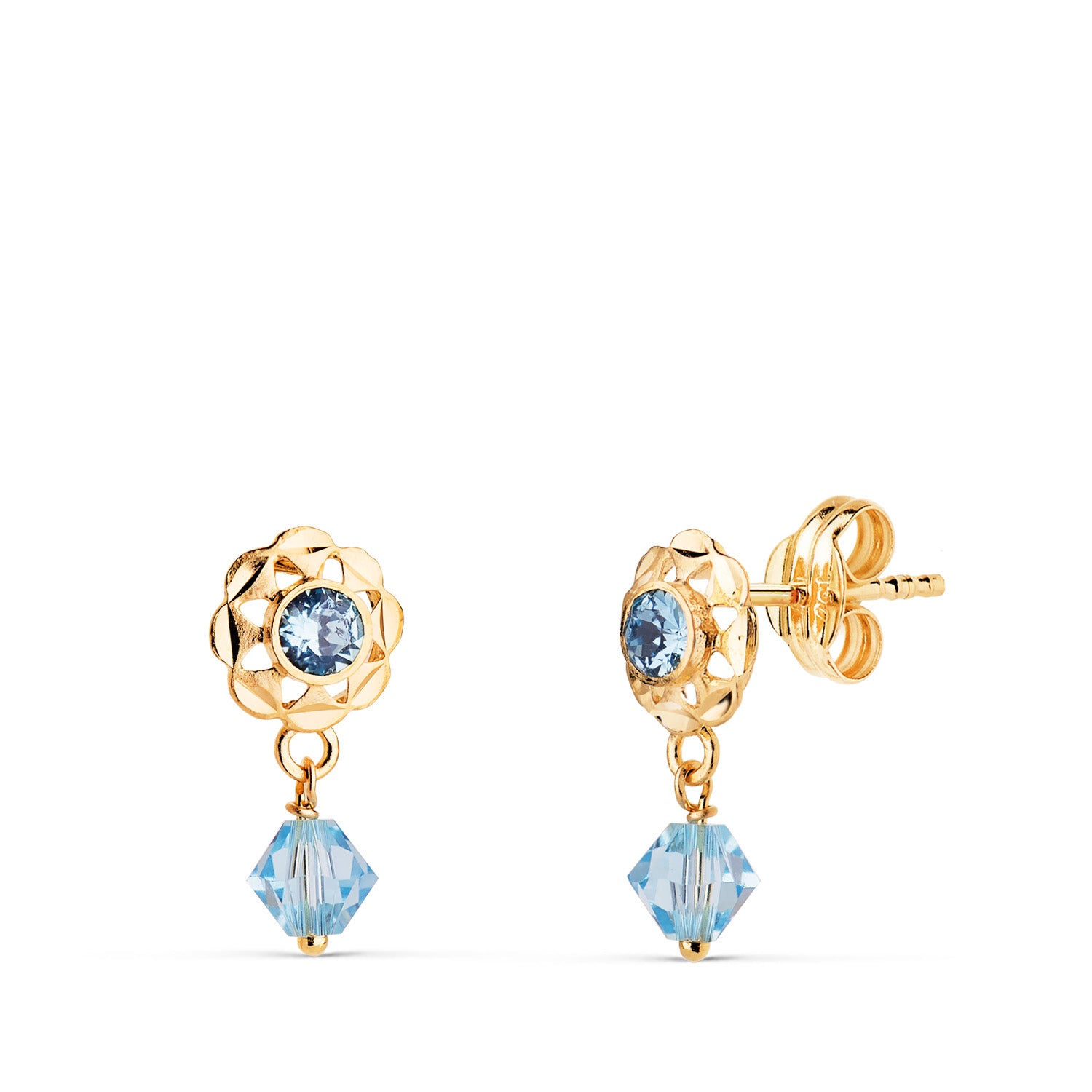 Boucles d'oreilles Cubaines en Or Jaune 18K avec Zirconias Bleus Taille : 14 X 6,5 mm Fermoir Poussettes Papillon