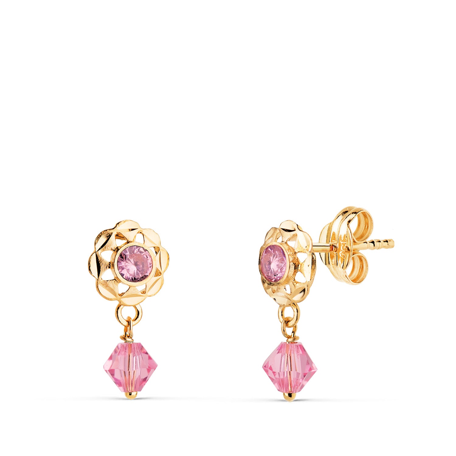 Boucles d'oreilles Cubaines en Or Jaune 18K avec Zircon Cubique Rose Taille : 14 X 6,5 mm Fermoir Poussettes Papillon