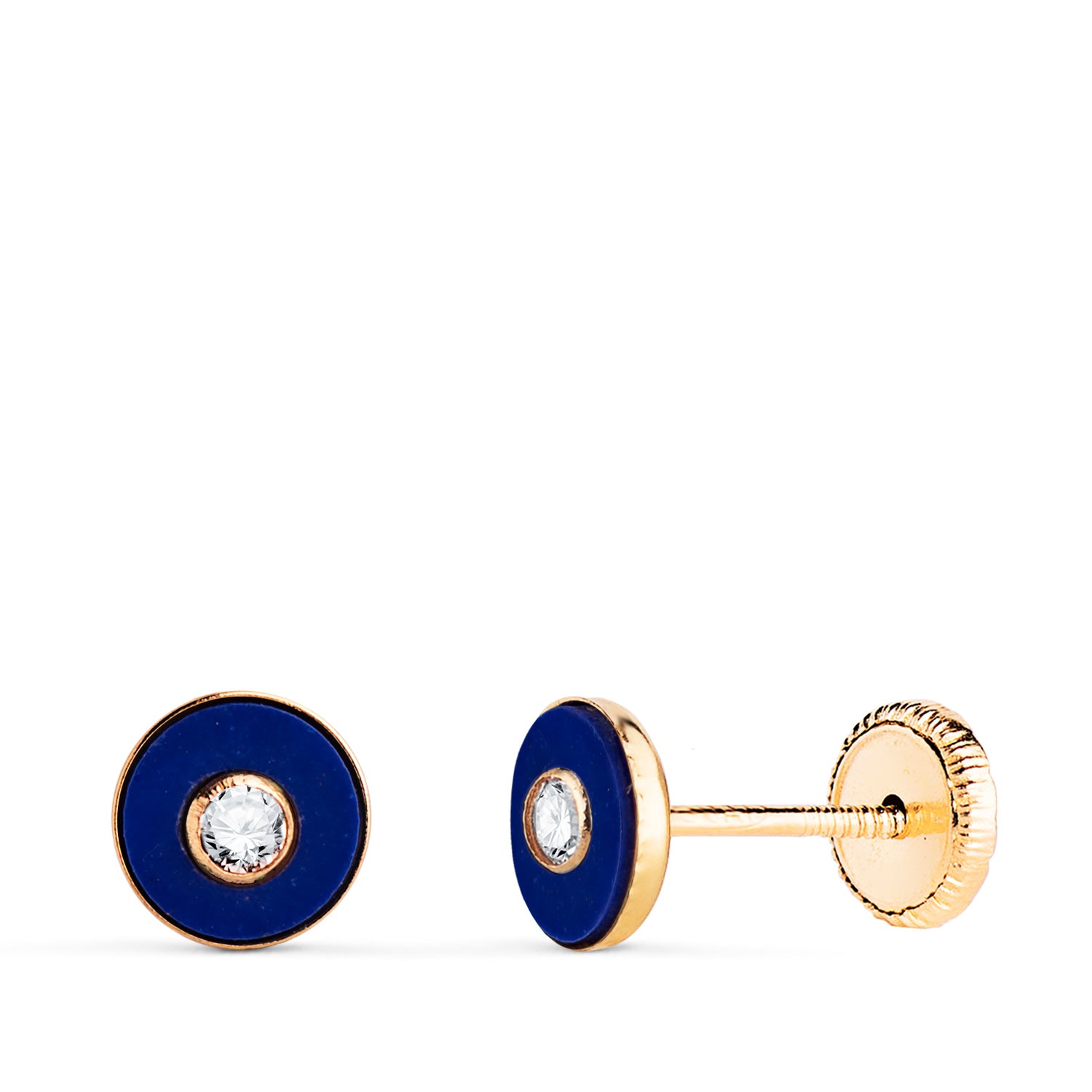 Boucles d'oreilles en Or Jaune 18K Lapizlazuli Rond avec Zircon Taille : 5,5MM Fermoir a Vis