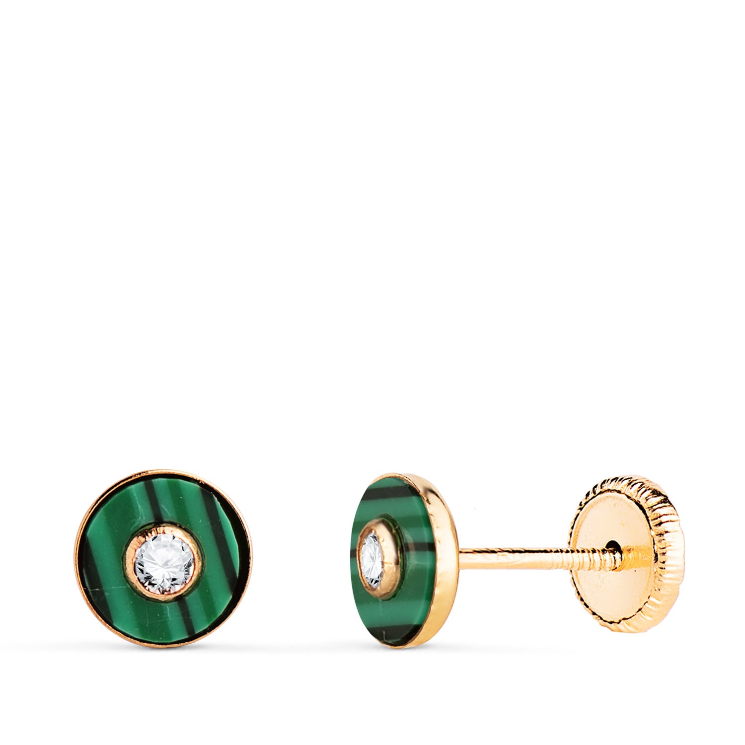 Boucles d'oreilles Or Jaune 18K Malachite Ronde avec Zircon Cubique Taille : 5,5MM Fermoir a Vis