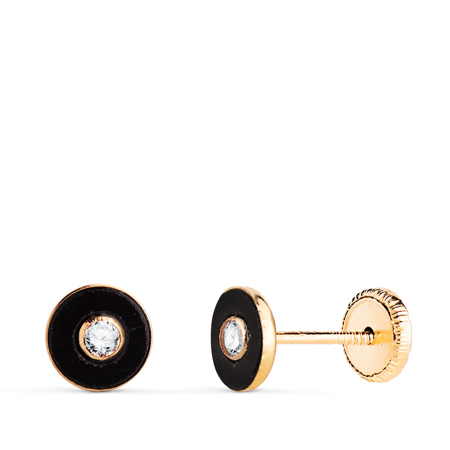 Boucles d'oreilles Or Jaune 18K Onyx Rond avec Zircon Taille : 5,5MM Fermoir a Vis