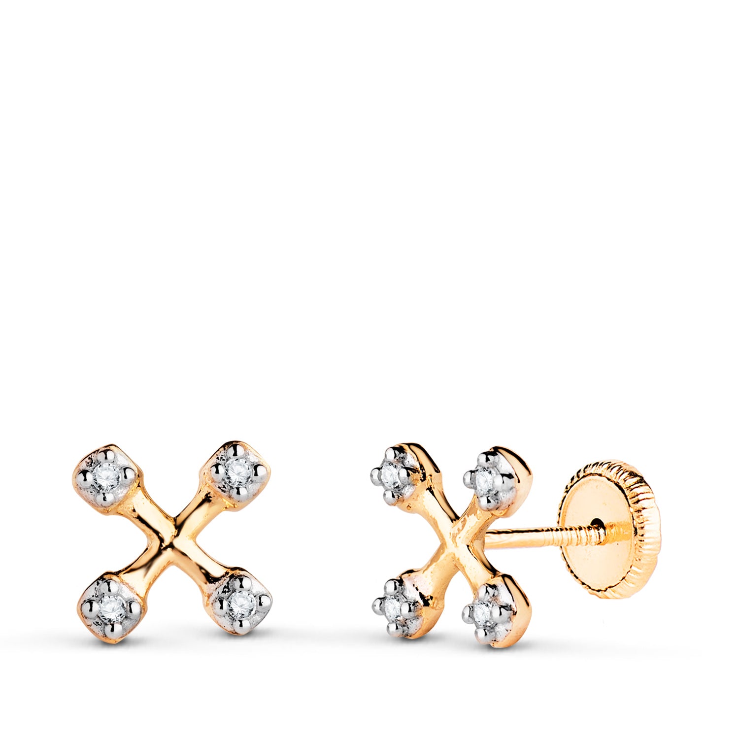 Boucles d'oreilles en Or 18K Bicolore Croix avec Zircon Taille : 6,5 X 6,5 mm Fermoir a Vis