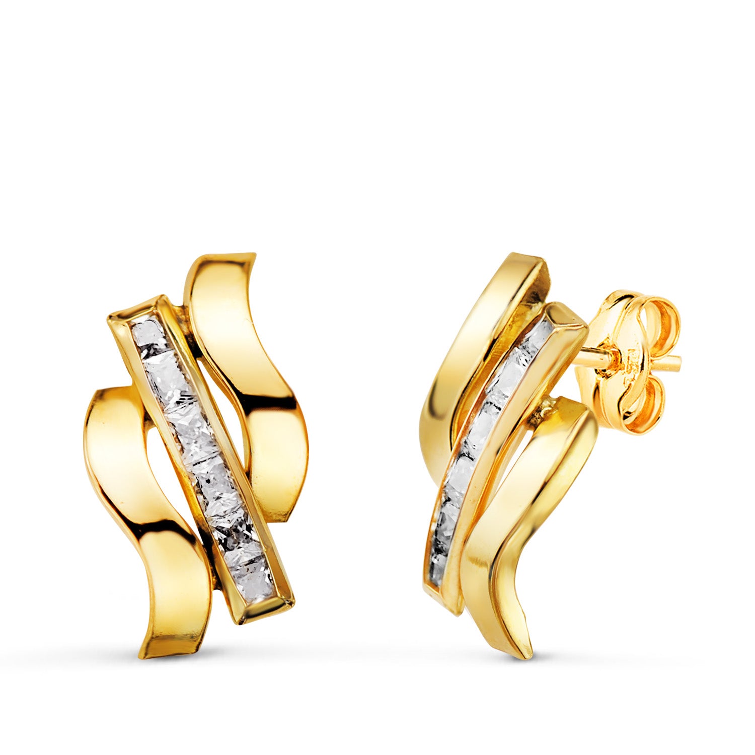 Boucles d'oreilles en Or Jaune 18K avec Zirconia Carré Taille : 14 X 8 mm Fermoir Poussettes Papillon