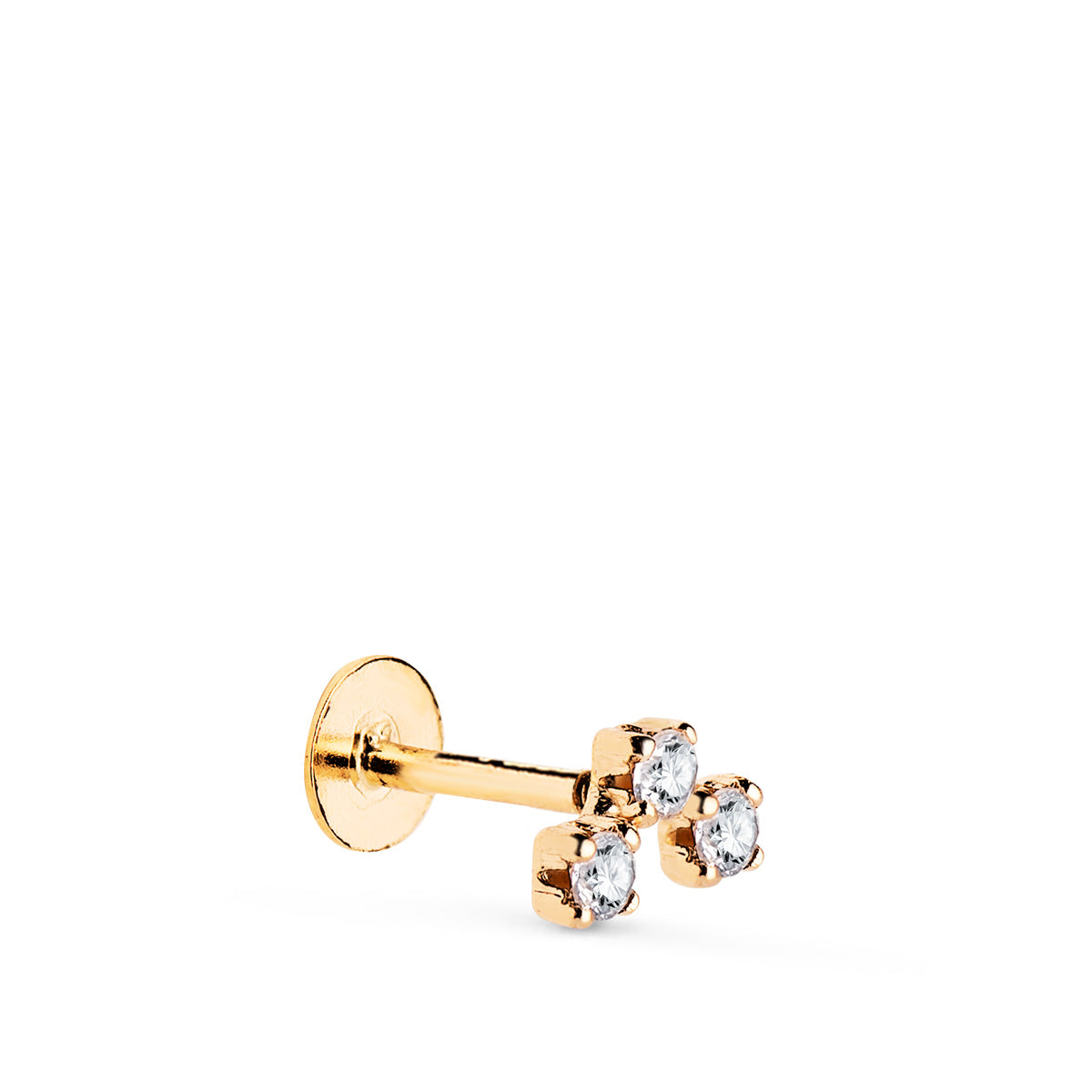 Piercing Doreille en Or Jaune 18K avec Barre Épaisse de 3 Zircons 120 mm Taille : 6,5 X 4 mm Fermoir a Vis