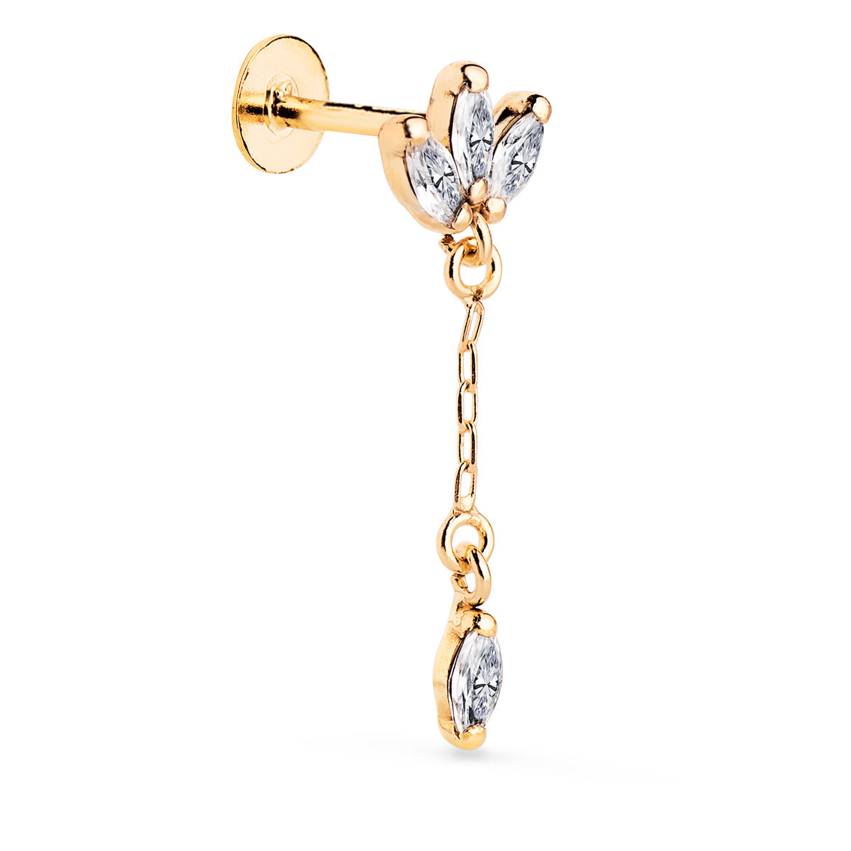 Piercing pentru ureche din aur galben de 18K cu 3 zirconii și 120 mm grosime Dimensiune lanț: 22 x 7 mm Închidere cu șurub