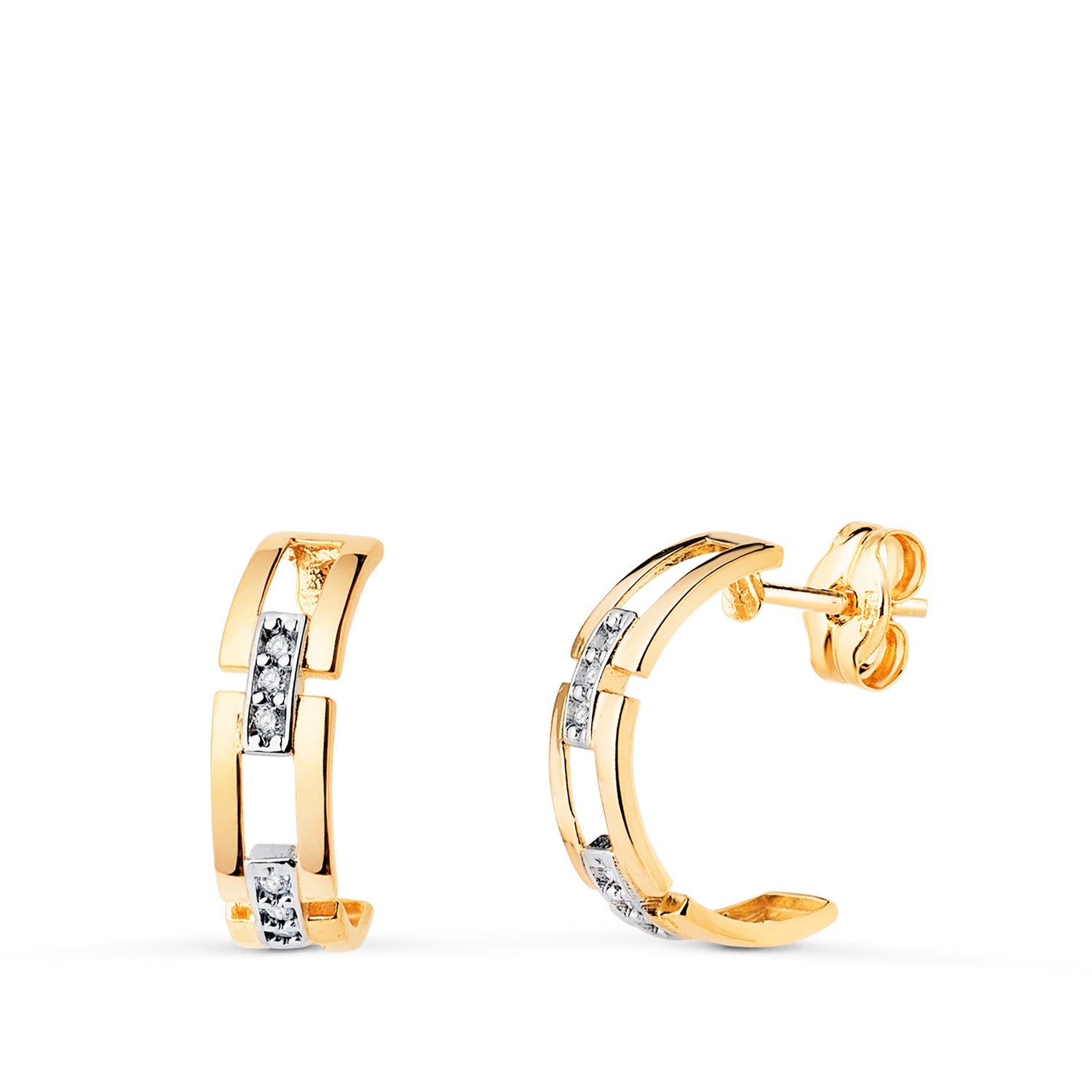 18K Two-tone Gold Half Hoops with Zirconia Links Size: 13 x 3.5MM Snap Clasp