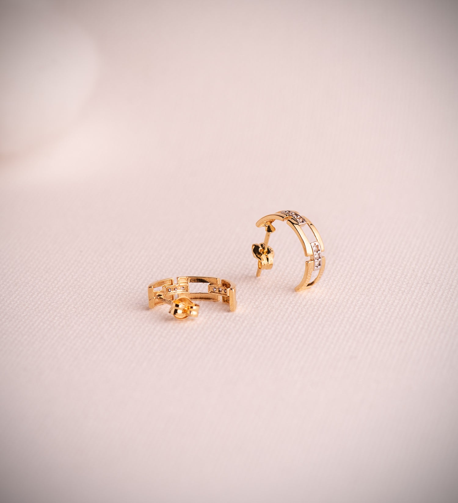 18K Two-tone Gold Half Hoops with Zirconia Links Size: 13 x 3.5MM Snap Clasp