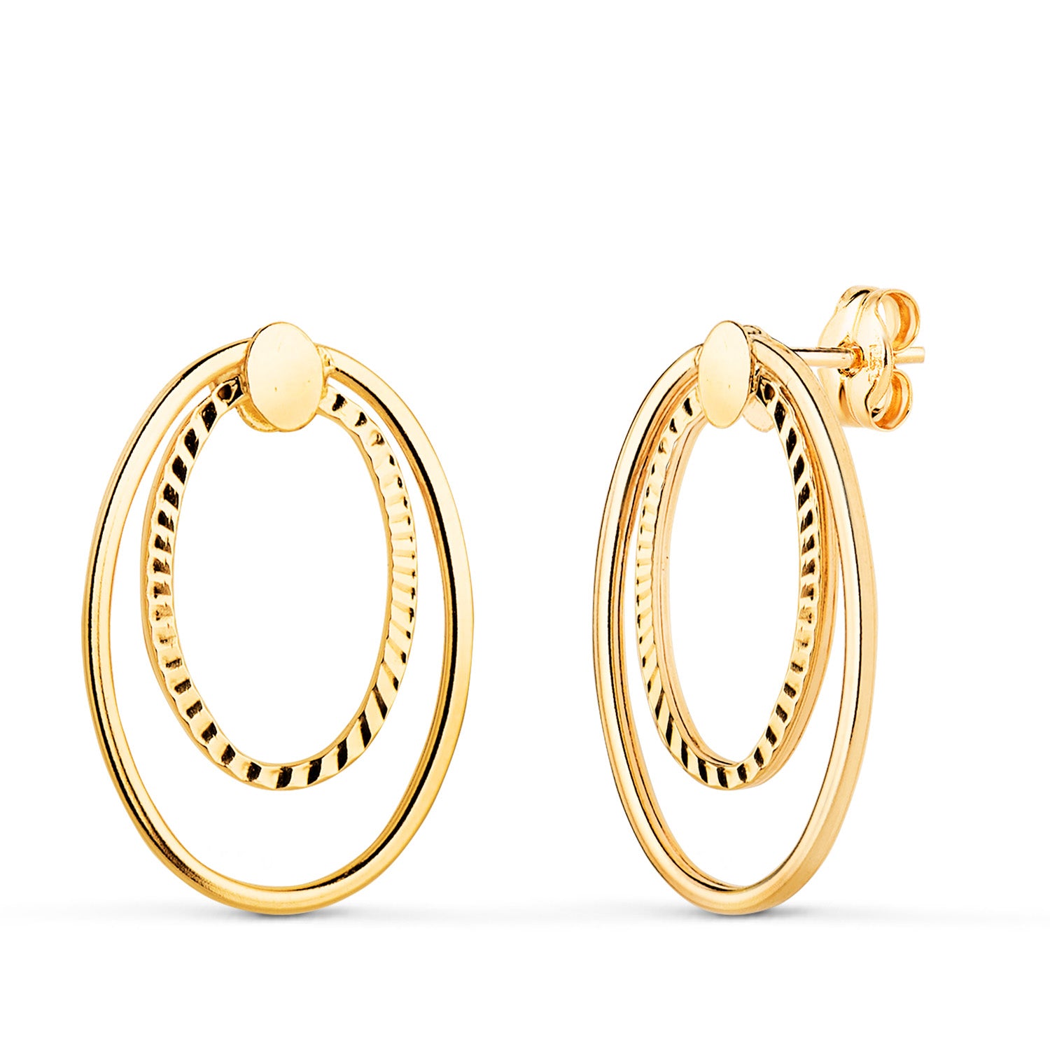 Boucles d'oreilles Double Ovale en Or Jaune 18K Lisse et Sculpté Mesure : 19X13 mm Fermoir Poussettes Papillon