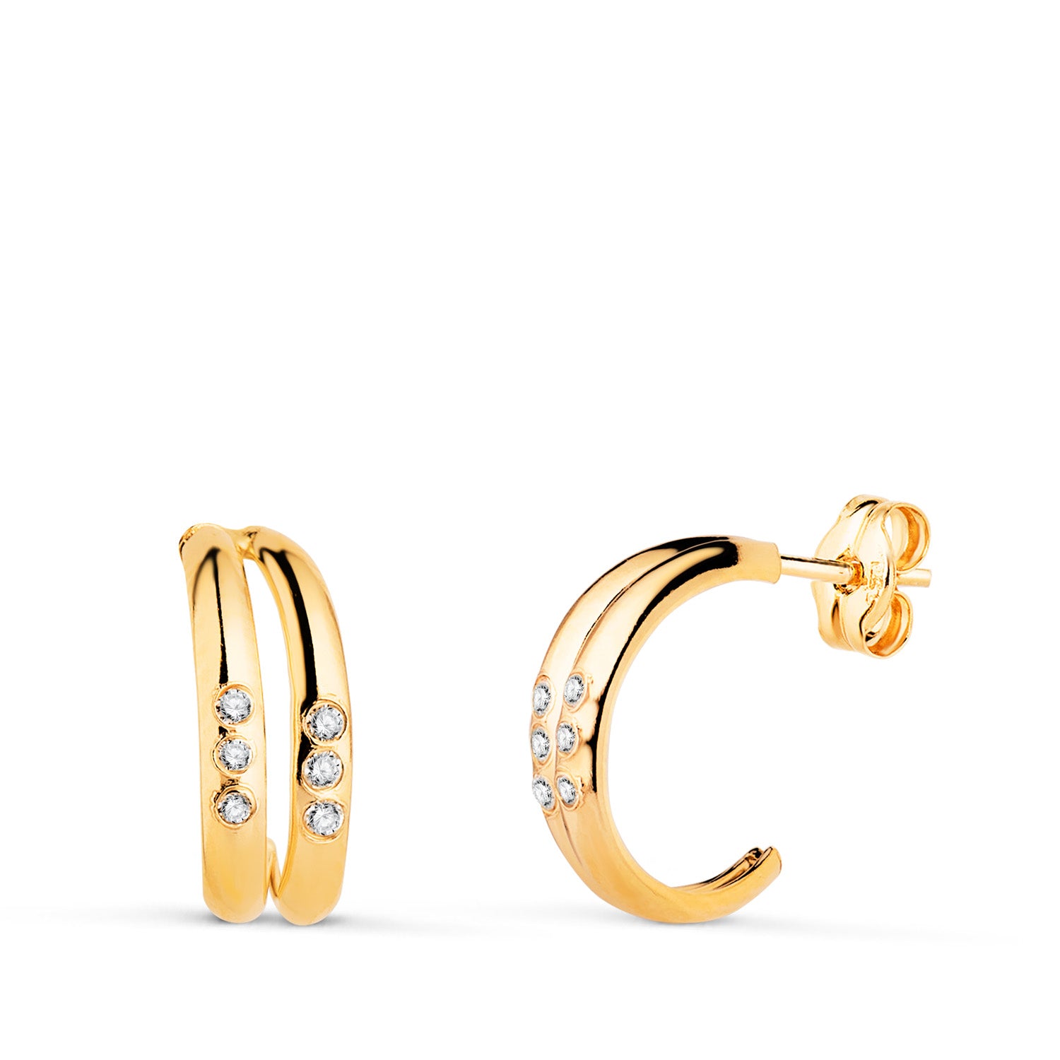 Boucles d'oreilles Doubles en Or Jaune 18K avec Bandes de Zirconium, Taille : 13 X 4,5 Mm, Fermoir à Pression