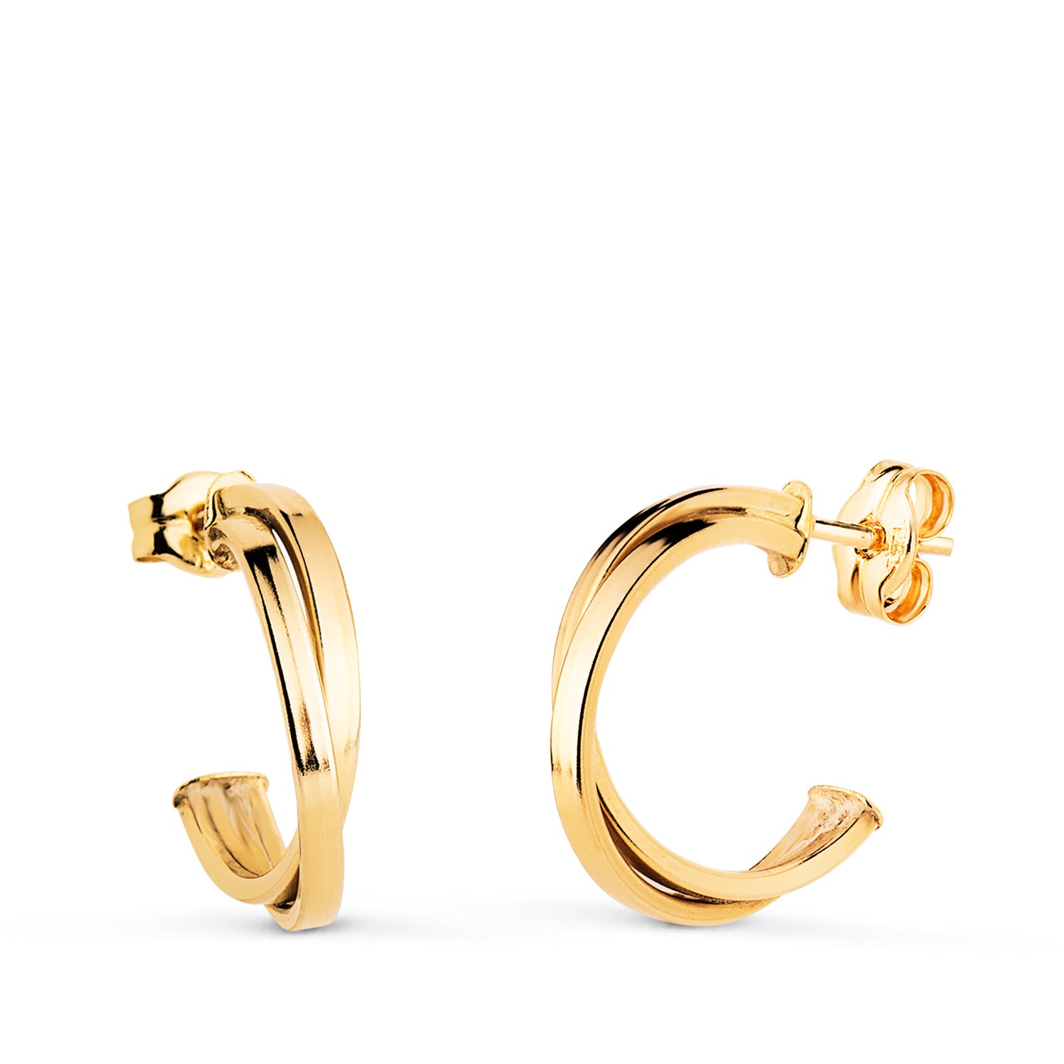 Boucles d'oreilles Double Croix en Or Jaune 18K Taille : 15X3 mm Fermoir Poussettes Papillon