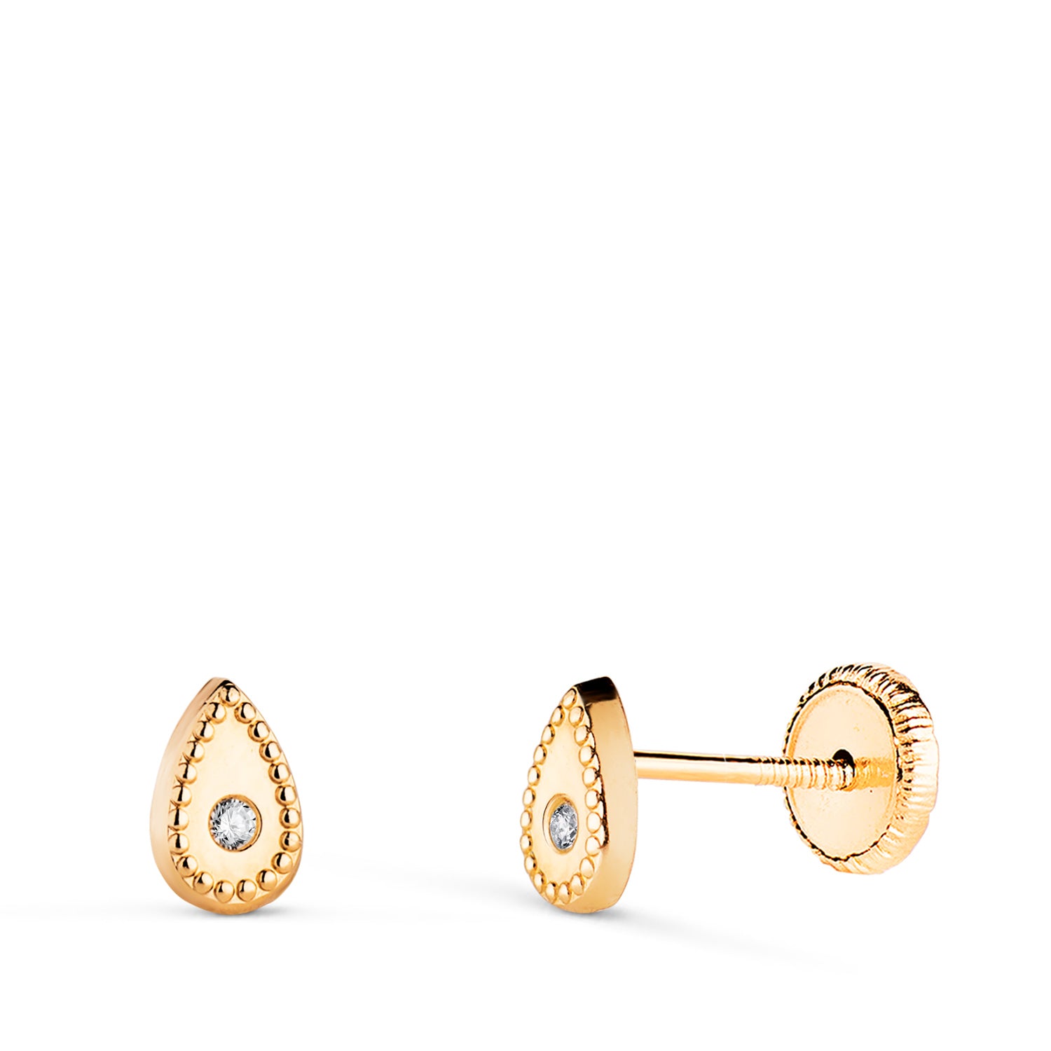 Boucles d'oreilles Pendantes en Or Jaune 18 Carats avec Zircon et Bordures en Perles Taille : 6 X 4 mm Fermoir a Vis