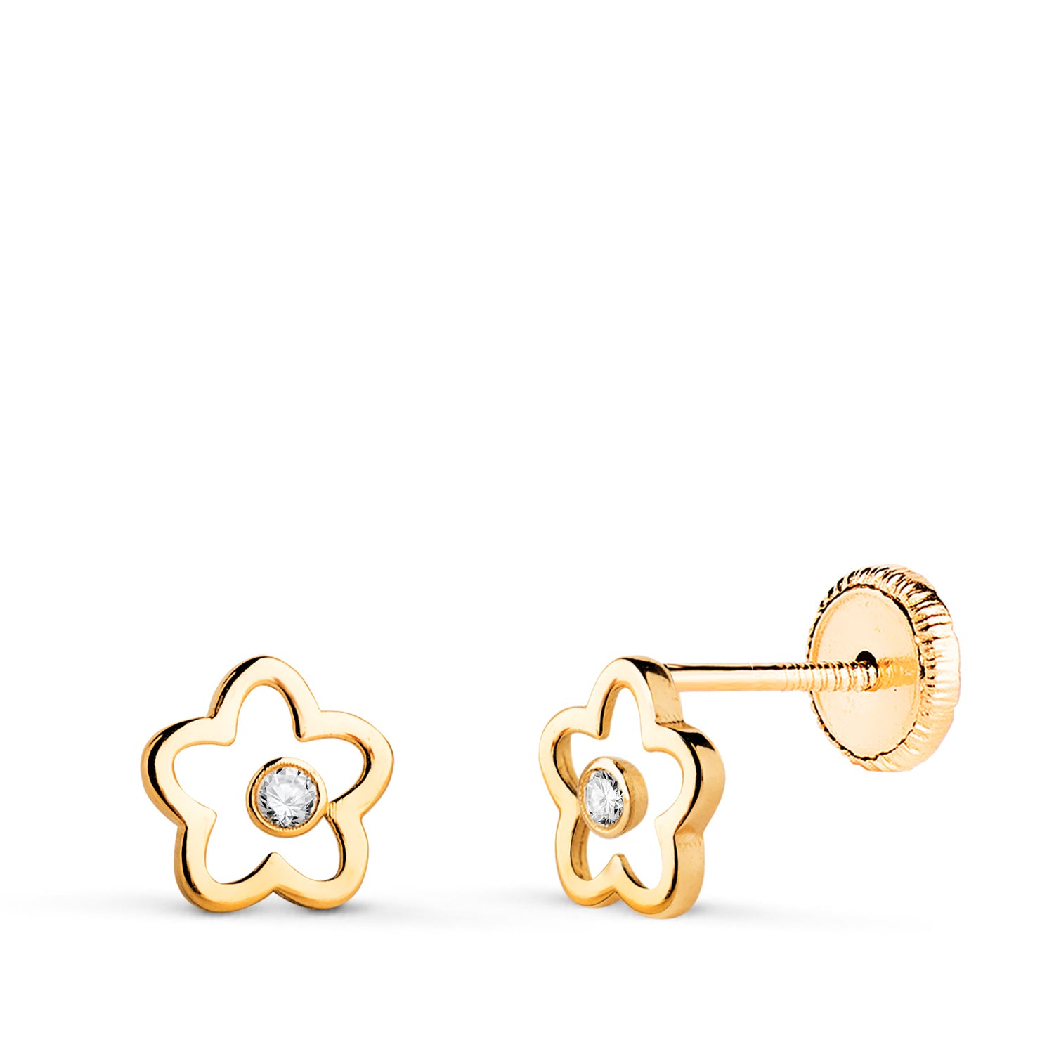 Boucles d'oreilles Or Jaune 18 Carats Fleur Ajourée avec Zircon Taille : 6 X 6 mm Fermoir a Vis
