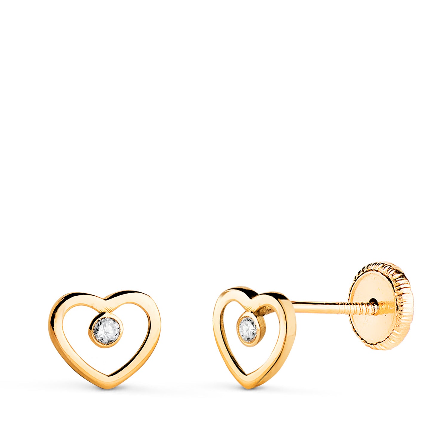 Boucles d'oreilles Or Jaune 18K C?ur Ajouré avec Zircon Taille : 6,5 X 5,5 mm Fermoir a Vis