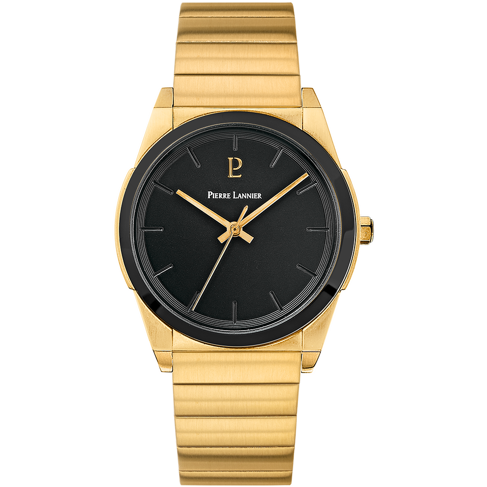 Montre homme Pierre Lannier CANDIDE 215L032 – cadran noir bracelet acier doré – vue de face