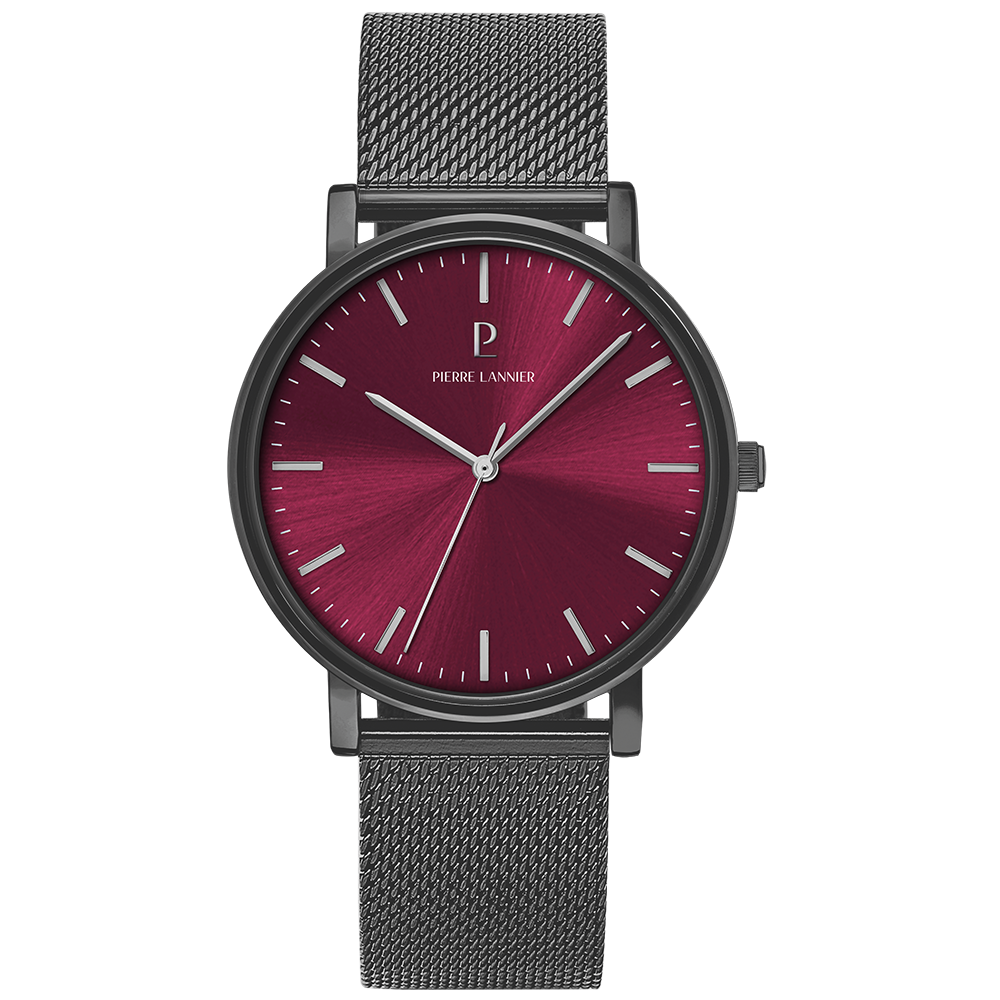 Montre homme Pierre Lannier ESSENTIAL 216J459 – cadran bordeaux bracelet milanais gris – vue de face