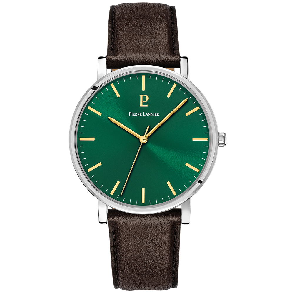 Montre homme Pierre Lannier ESSENTIAL boîtier argenté bracelet cuir brun 217G174