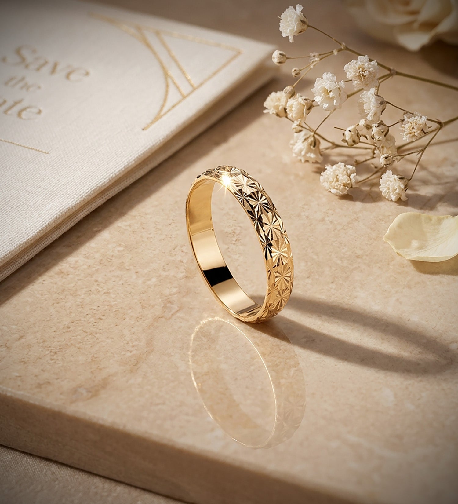 Diamentowa obrączka ślubna z 18-karatowego żółtego złota. Szerokość: 4 mm
