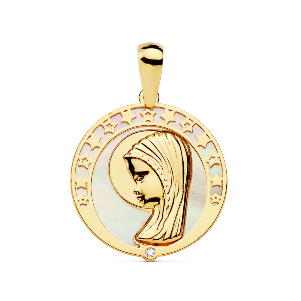 18K Médaille Vierge Enfant avec Nacre et Zircon 17 mm
