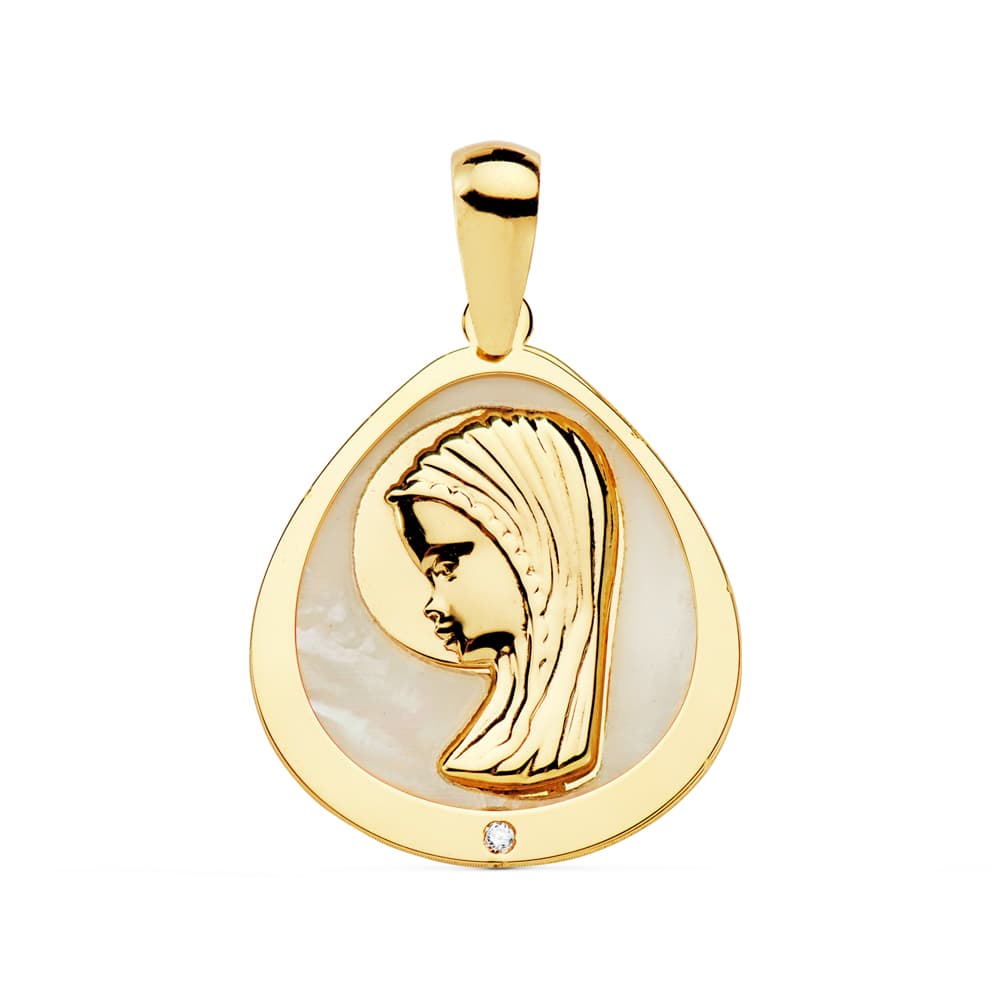 18K gult guld og Perlemor Jomfru-barnemedalje 18 X 16 mm
