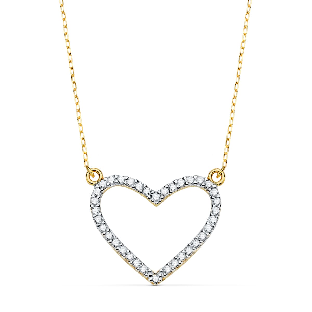 18K Collier en Or 43 Cm Coeur Zircon 18X16 mm