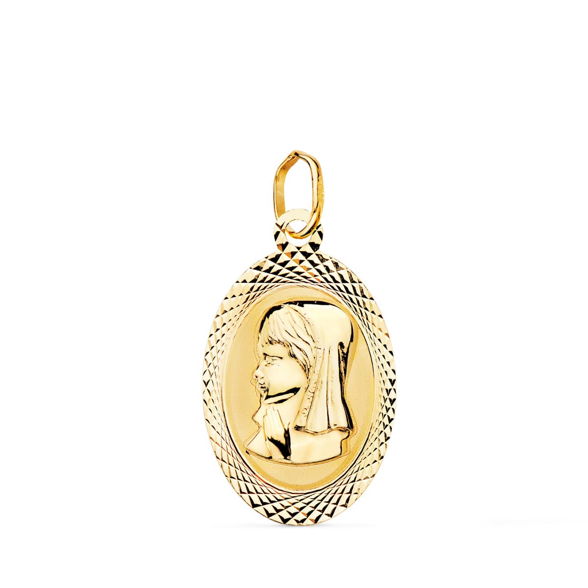 18K Médaille Vierge Fille en Or Jaune. Finition Mate 18X12 mm