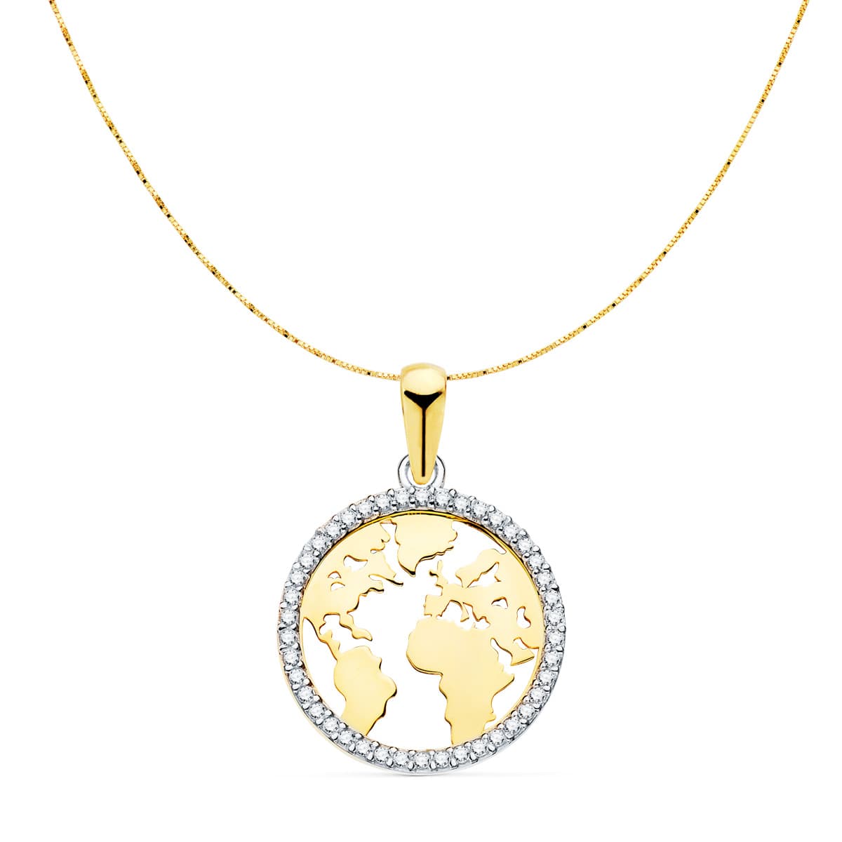 18K Gold World Map Pendant Chain. Two-tone Gold 17 mm