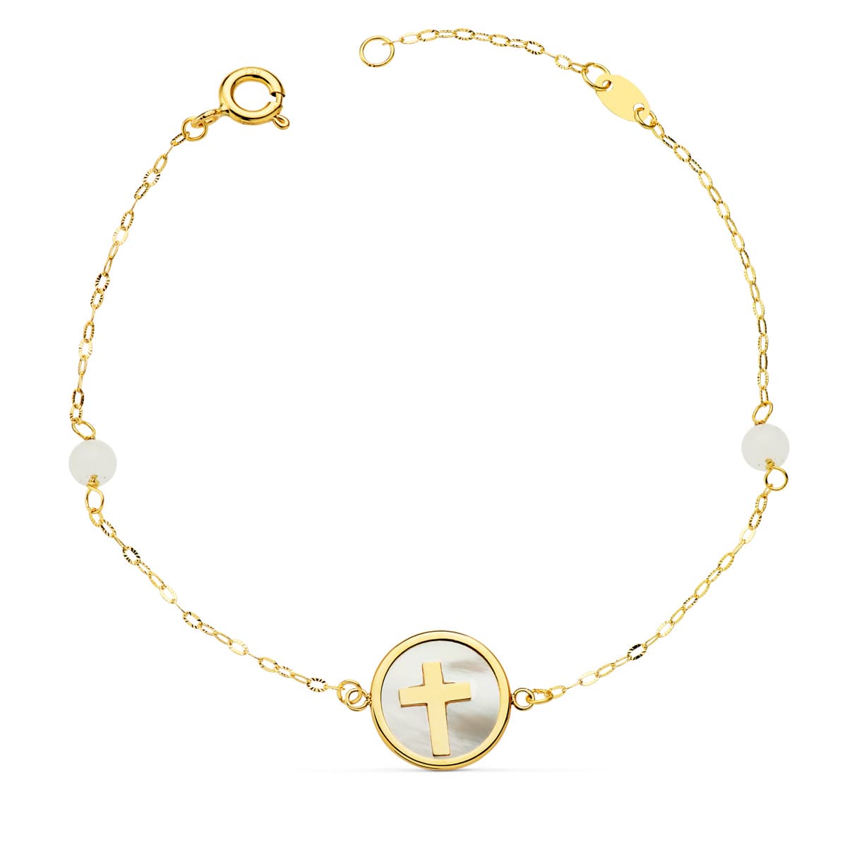 Bracelet en Or Jaune 18K Nacre avec Croix de 12 mm et Perles de Jade de 4 mm 18 Chaîne de 25 Cm