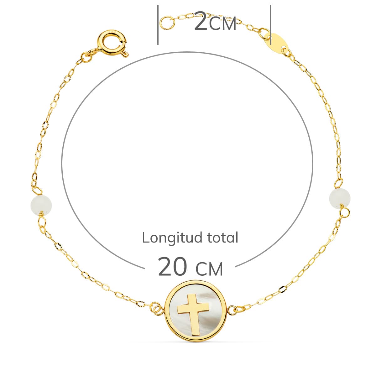 Bracelet en Or Jaune 18K Nacre avec Croix de 12 mm et Perles de Jade de 4 mm 18 Chaîne de 25 Cm