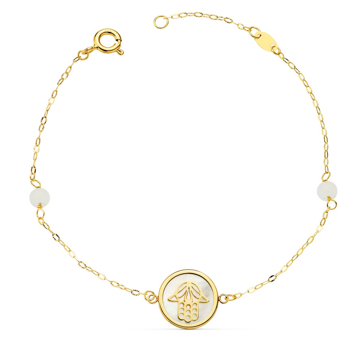 Naszyjnik Bransoletka z 18-karatowego żółtego złota z dłonią Fatimy 12 mm i jadeitowymi kulkami 4 mm łańcuszek 18 25 cm