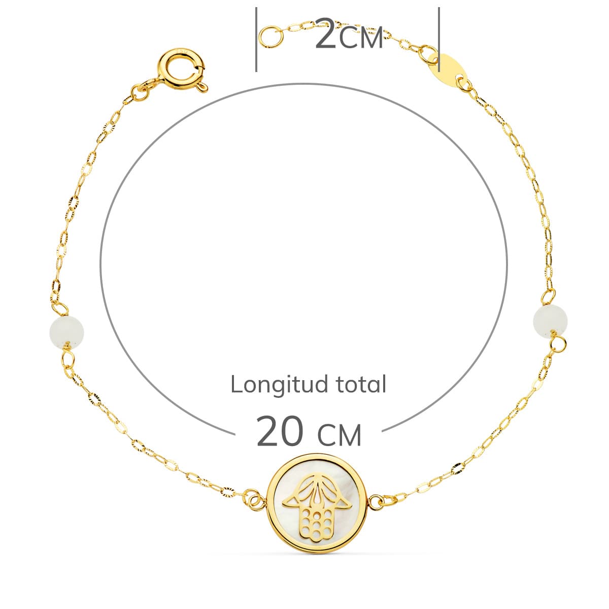 Naszyjnik Bransoletka z 18-karatowego żółtego złota z dłonią Fatimy 12 mm i jadeitowymi kulkami 4 mm łańcuszek 18 25 cm